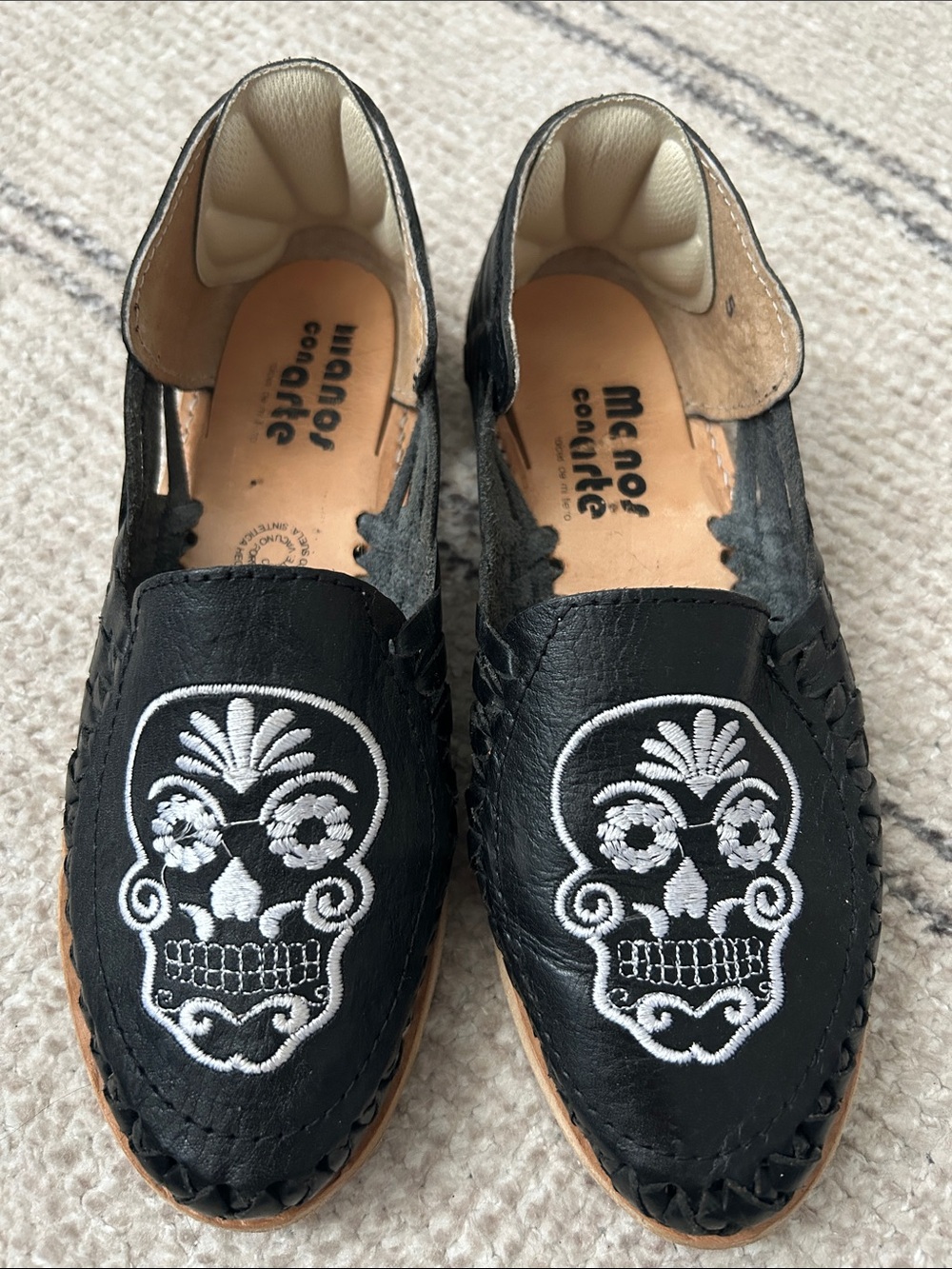 Menorquinas Black Leather Slip-On with White Skull Embroidery